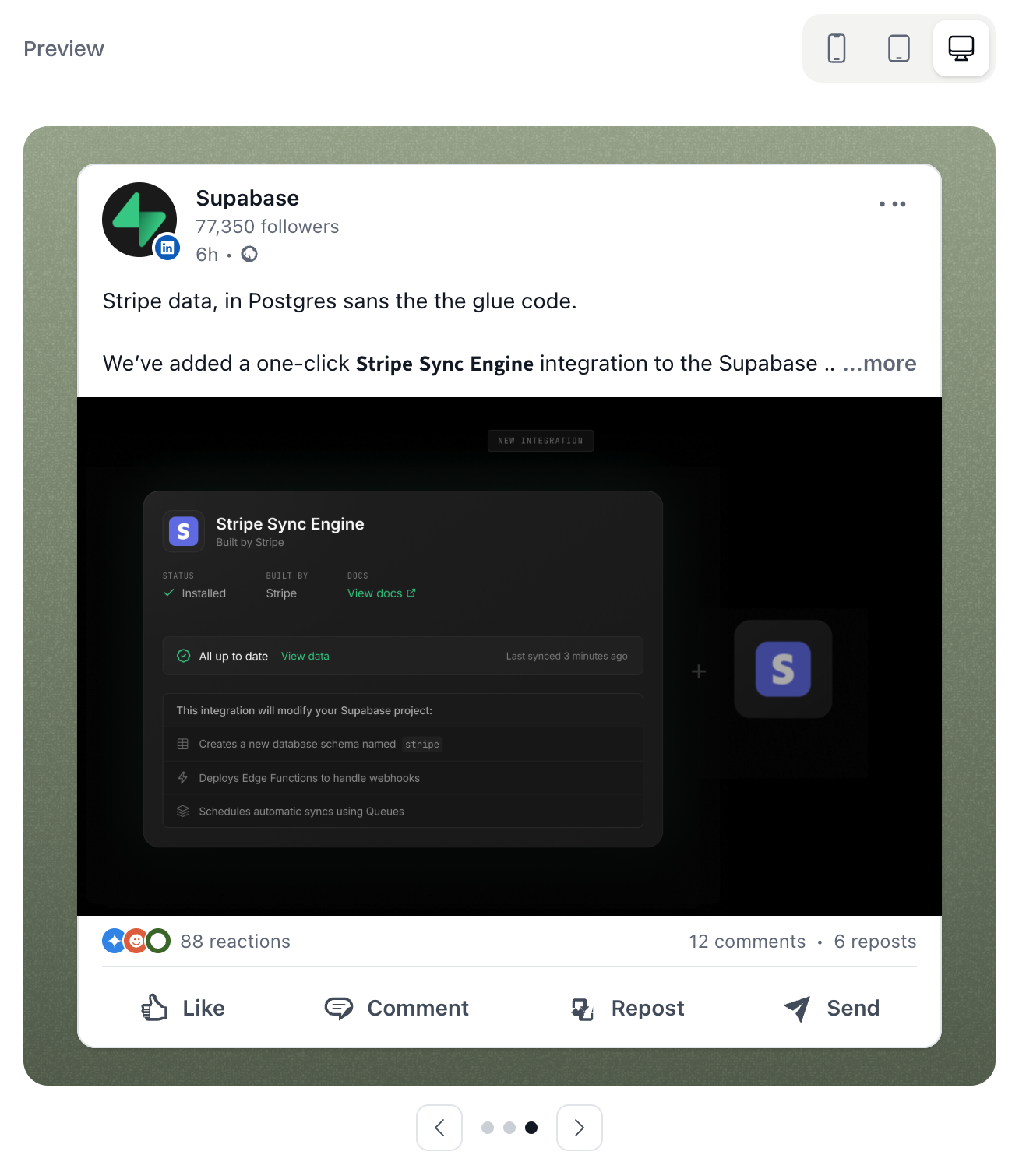 A LinkedIn post preview with a generated on-brand product image rendered from real UI components