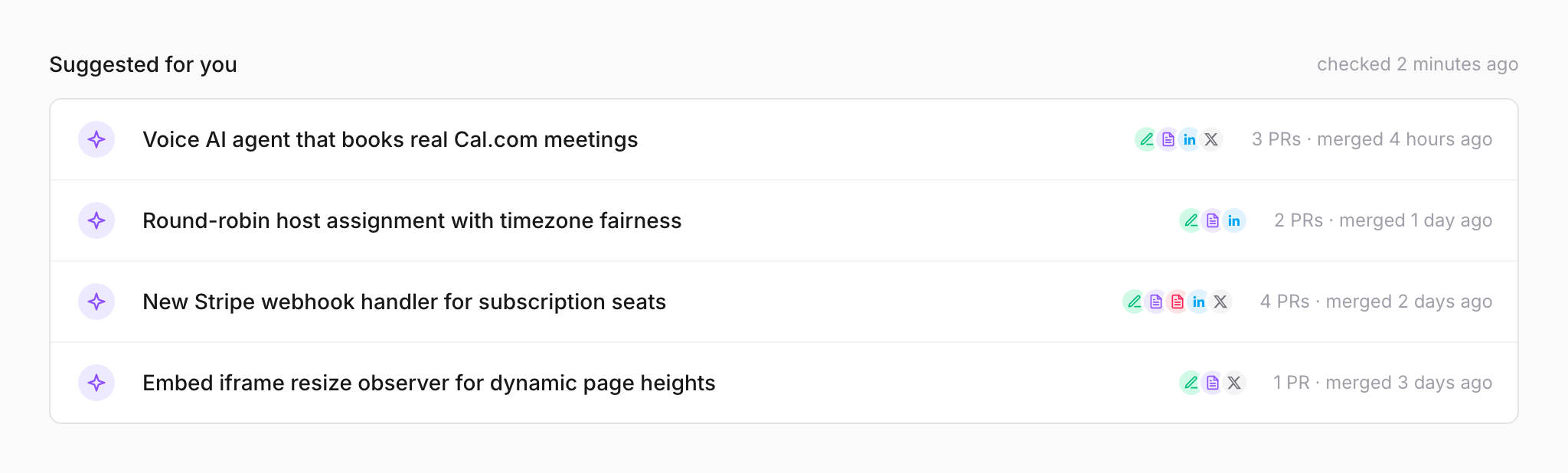 PersonaBox recommended updates list showing four groups of recently shipped features with channel chips for changelog, newsletter, blog, LinkedIn, and X