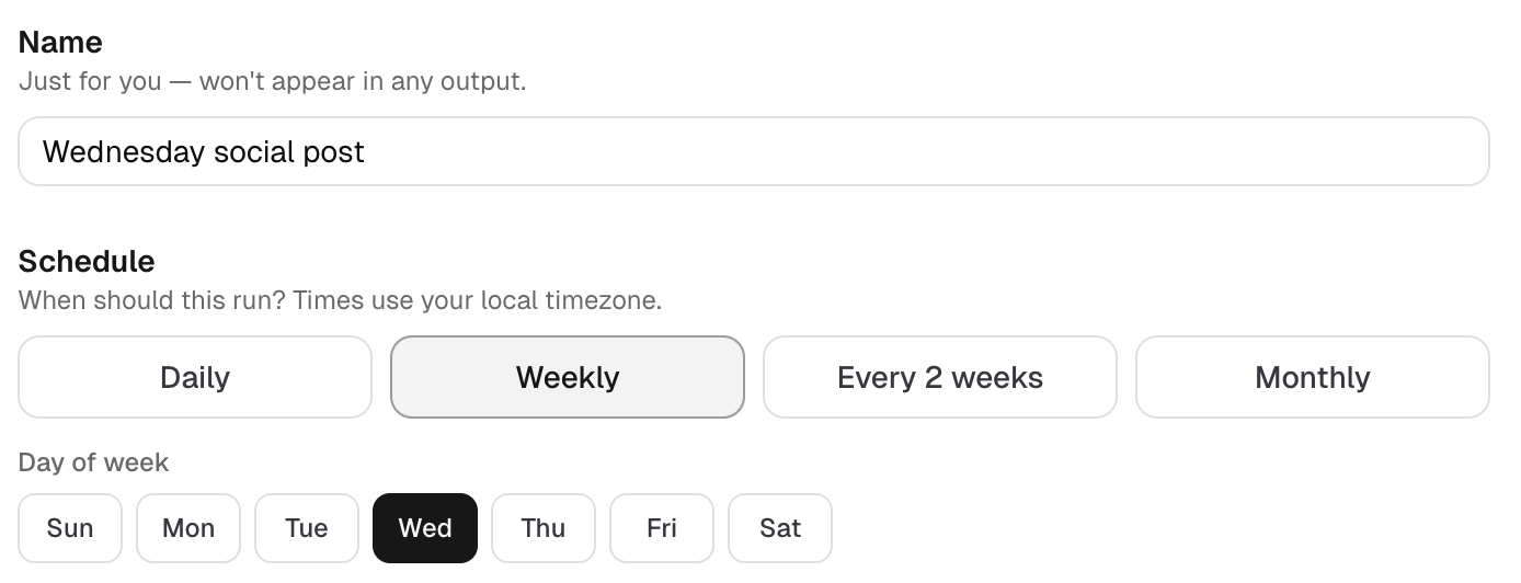 PersonaBox automations panel showing a recurring weekly social post and a monthly newsletter, with next-run timestamps