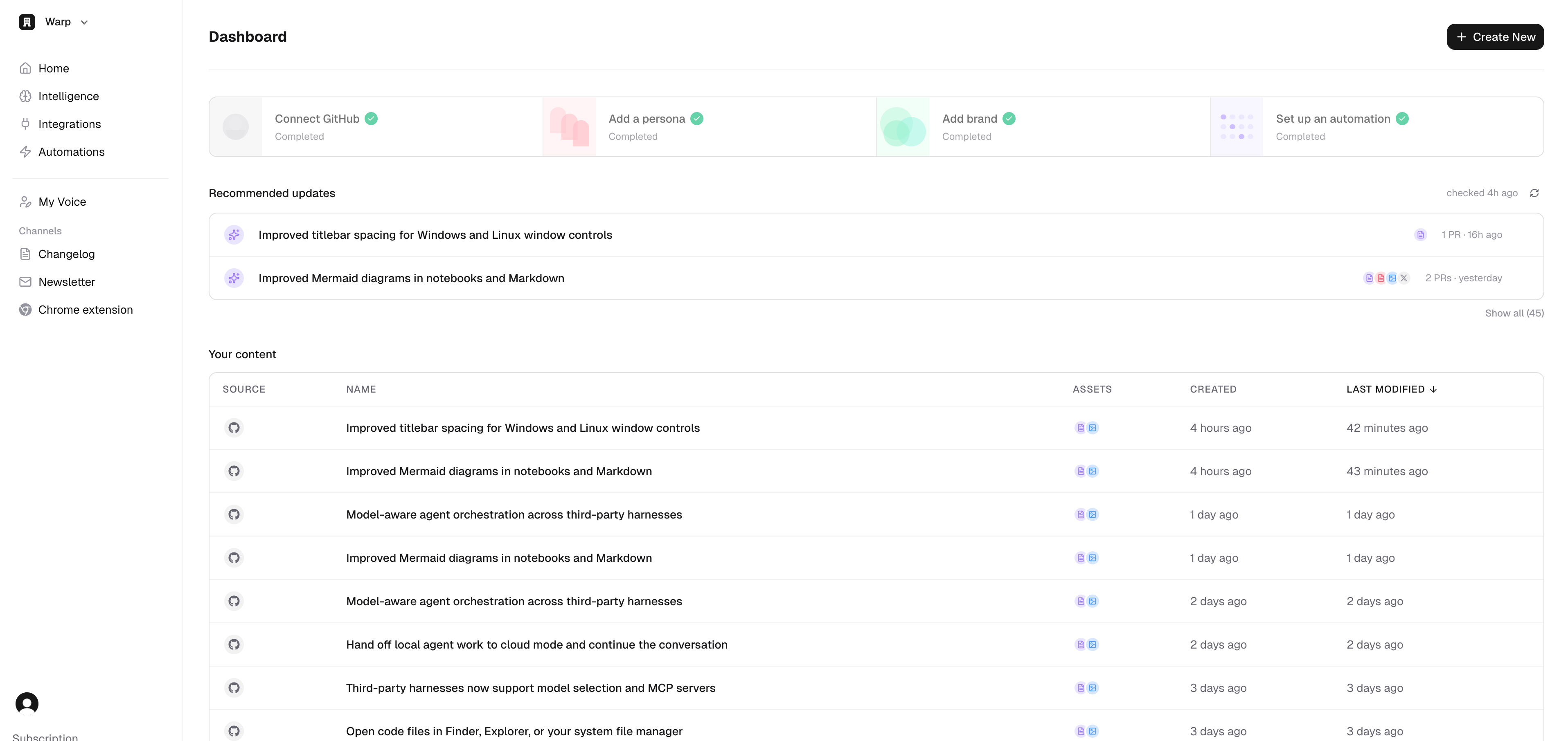 PersonaBox dashboard showing recommended product updates surfaced from your codebase and the channels they can ship to